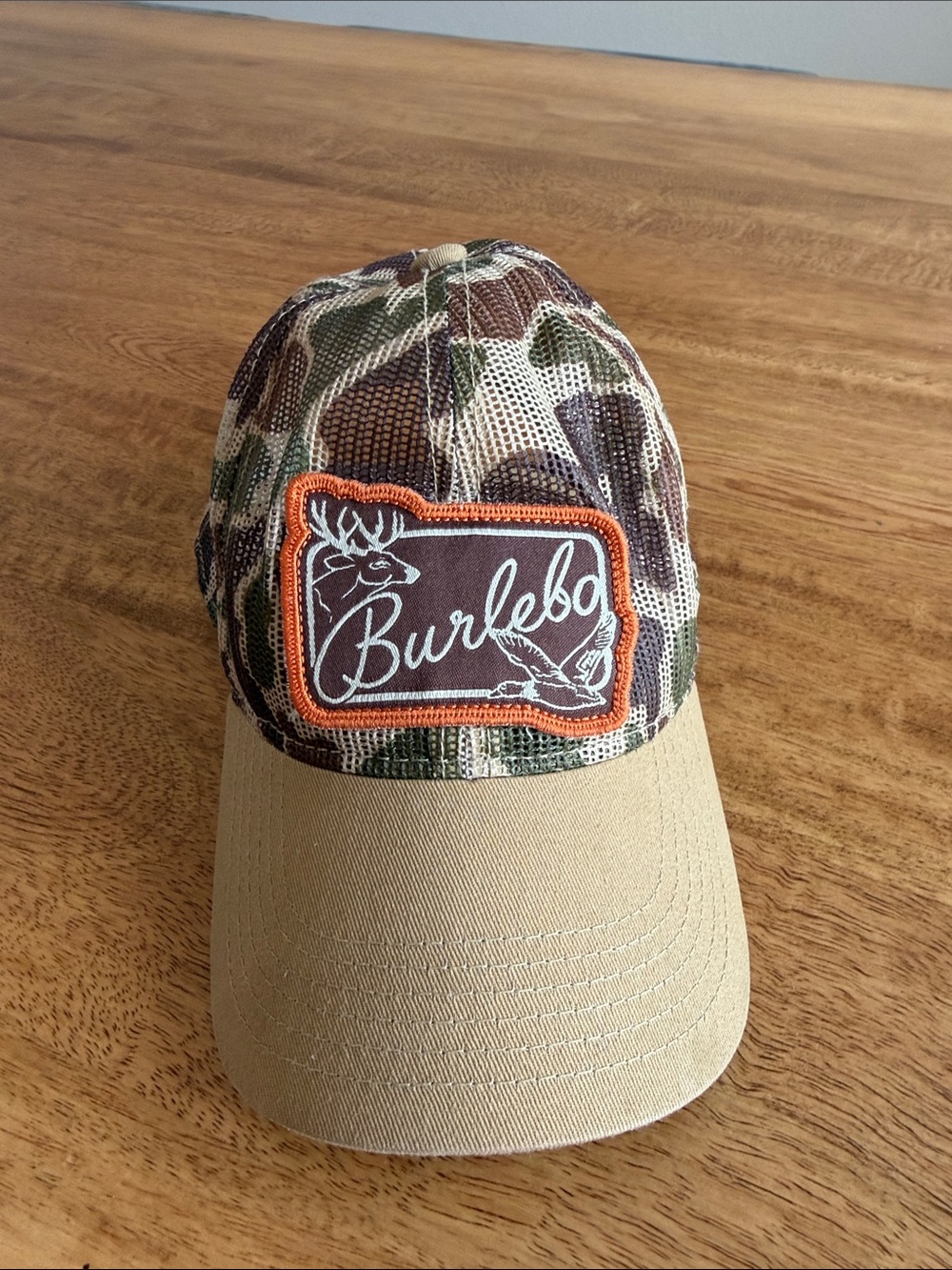 BURLEBO Kids Camouflage Mesh Cap with Tan Brim and Orange Patch